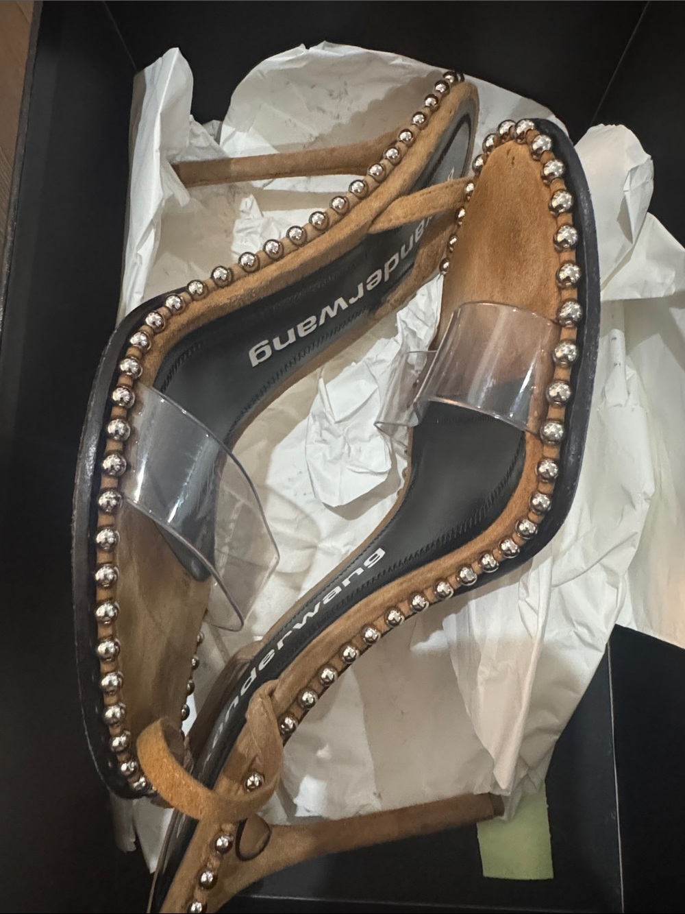 Alexander Wang Tan Suede Sandals with Clear Strap and Stud Trim - Picture 5 of 7